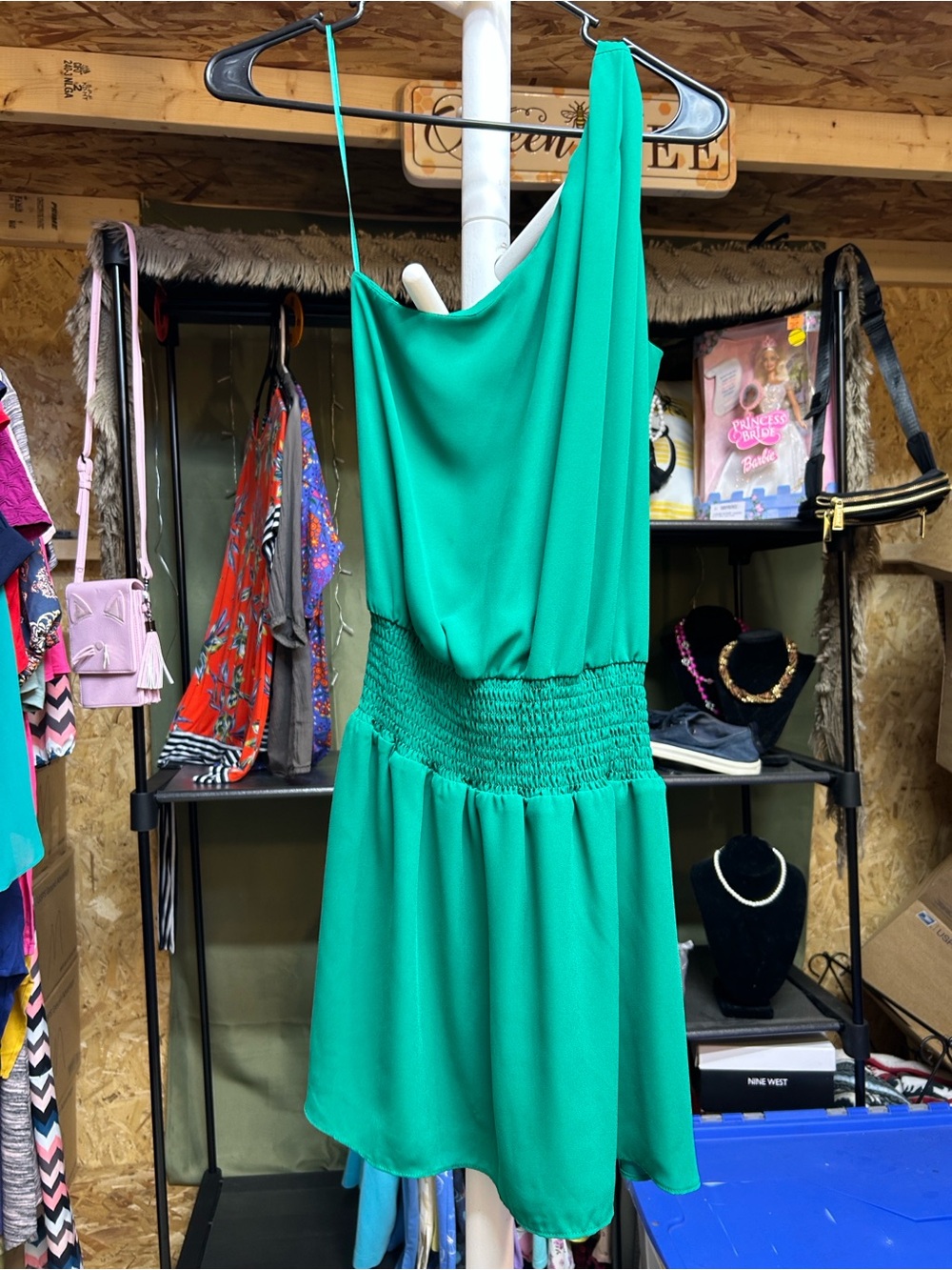 Show Fly Elegant One-Shoulder Green Dress with Smocked Waist Size M